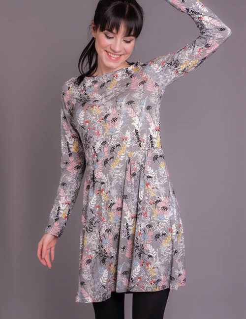 Damen Basic Kleid Langarm Print Graumeliert Front
