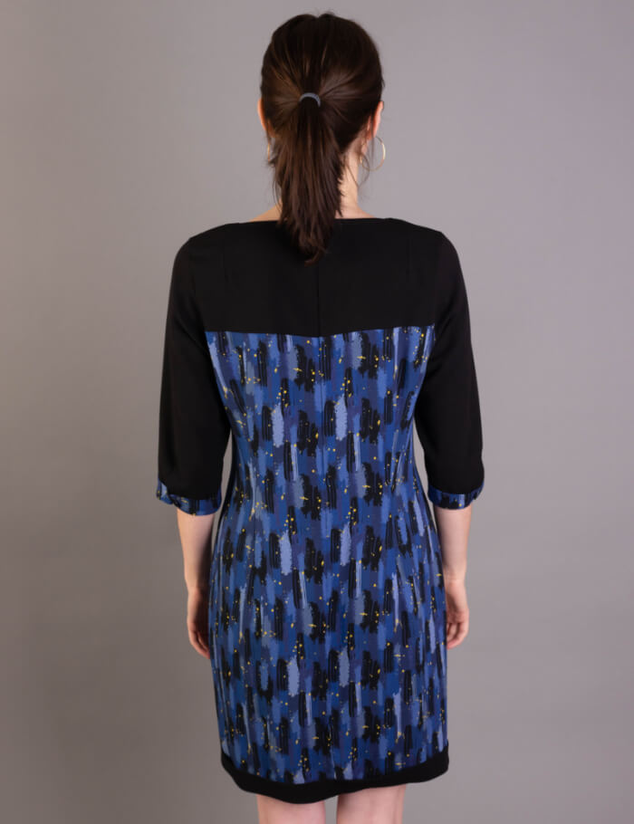 Damen-Kleid-Aufschlag-Print-Blau-Hinten-F21D310P4941