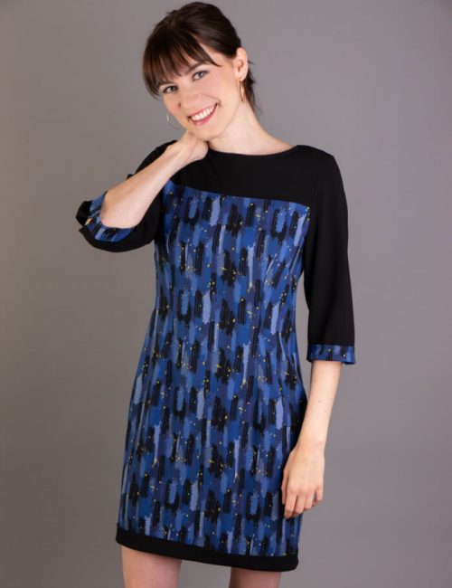 Damen-Kleid-Aufschlag-Print-Blau-Vorne-F21D310P4941